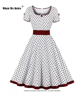 2022 Polka Elegant 50s 60s Dot Women Vintage Square Collar Abiti lunghi Vd3238 Abito a pieghe Swing Dress