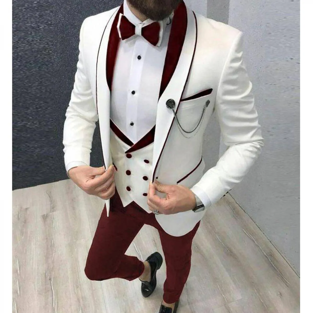 Abiti da uomo casual slim fit smoking da sposo in 3 pezzi per ballo di fine anno gilet giacca da costume maschile bordeaux e bia