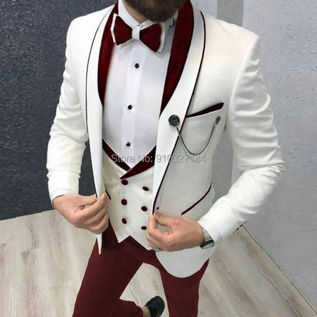 Abiti da uomo casual slim fit smoking da sposo in 3 pezzi per ballo di fine anno gilet giacca da costume maschile bordeaux e bia