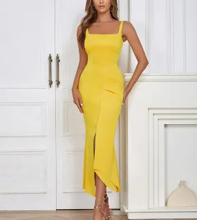 Abito lungo aderente a pieghe con scollo quadrato Donna Abito asimmetrico sottile senza maniche con spacco giallo Donna Elegante