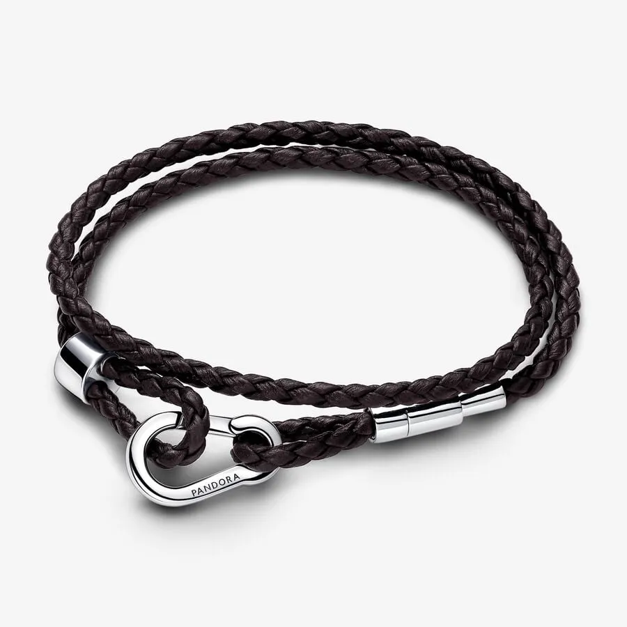 Bracciale in Pelle Marrone Doppio con Chiusura a Moschettone Regolabile - 593338C01-D2