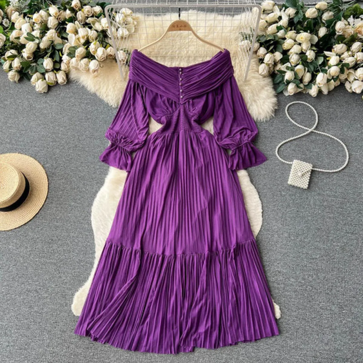 Estate Lungo Abito di Lusso Per Le Donne Pieghe A Pieghe Elegante Slash Neck Midi Festa Femminile Abiti Da Sera Pulsante Tarf 20