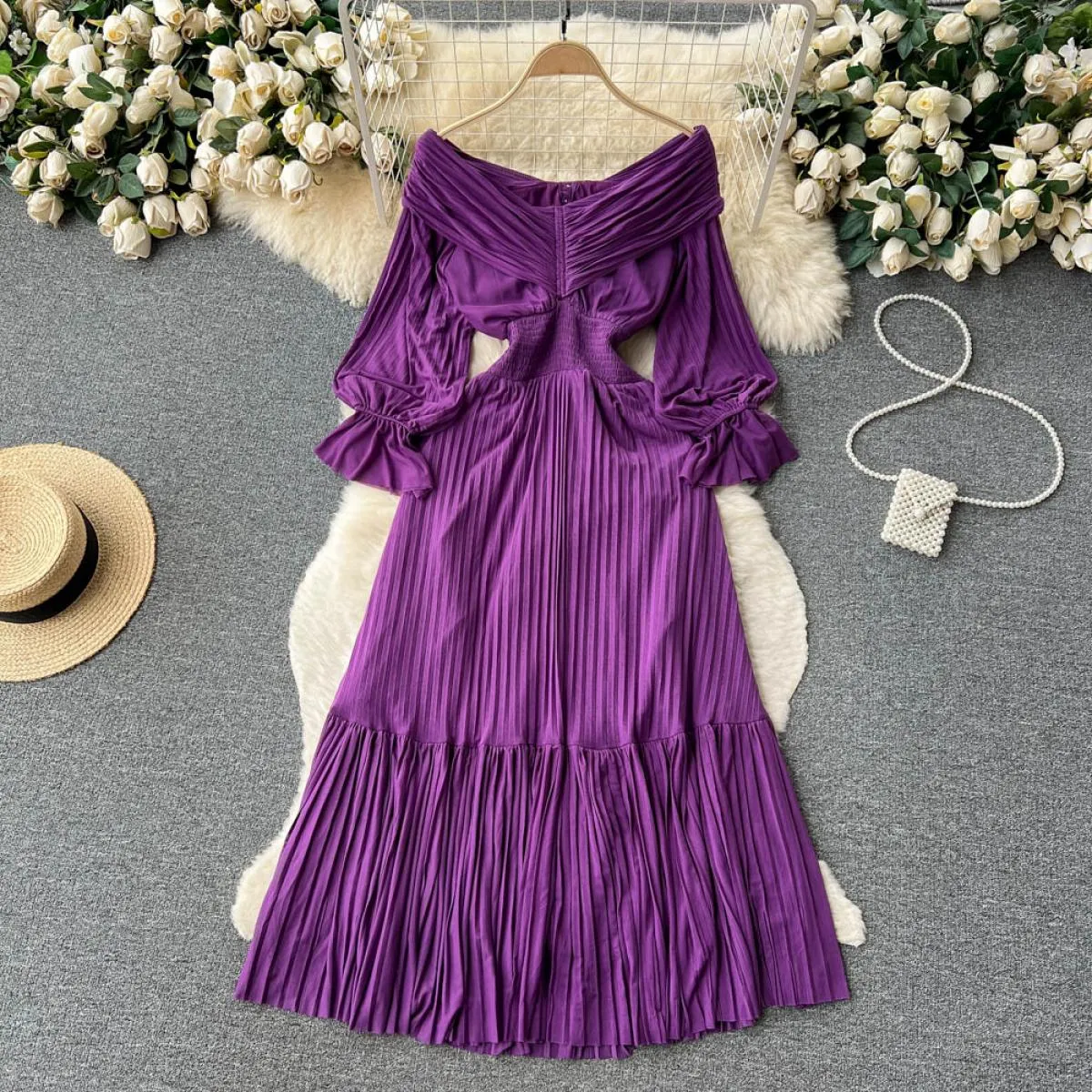 Estate Lungo Abito di Lusso Per Le Donne Pieghe A Pieghe Elegante Slash Neck Midi Festa Femminile Abiti Da Sera Pulsante Tarf 20