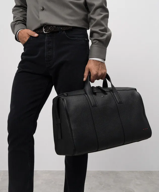 Kiton Borsa da viaggio in pelle nera con logo UBA0062N01089