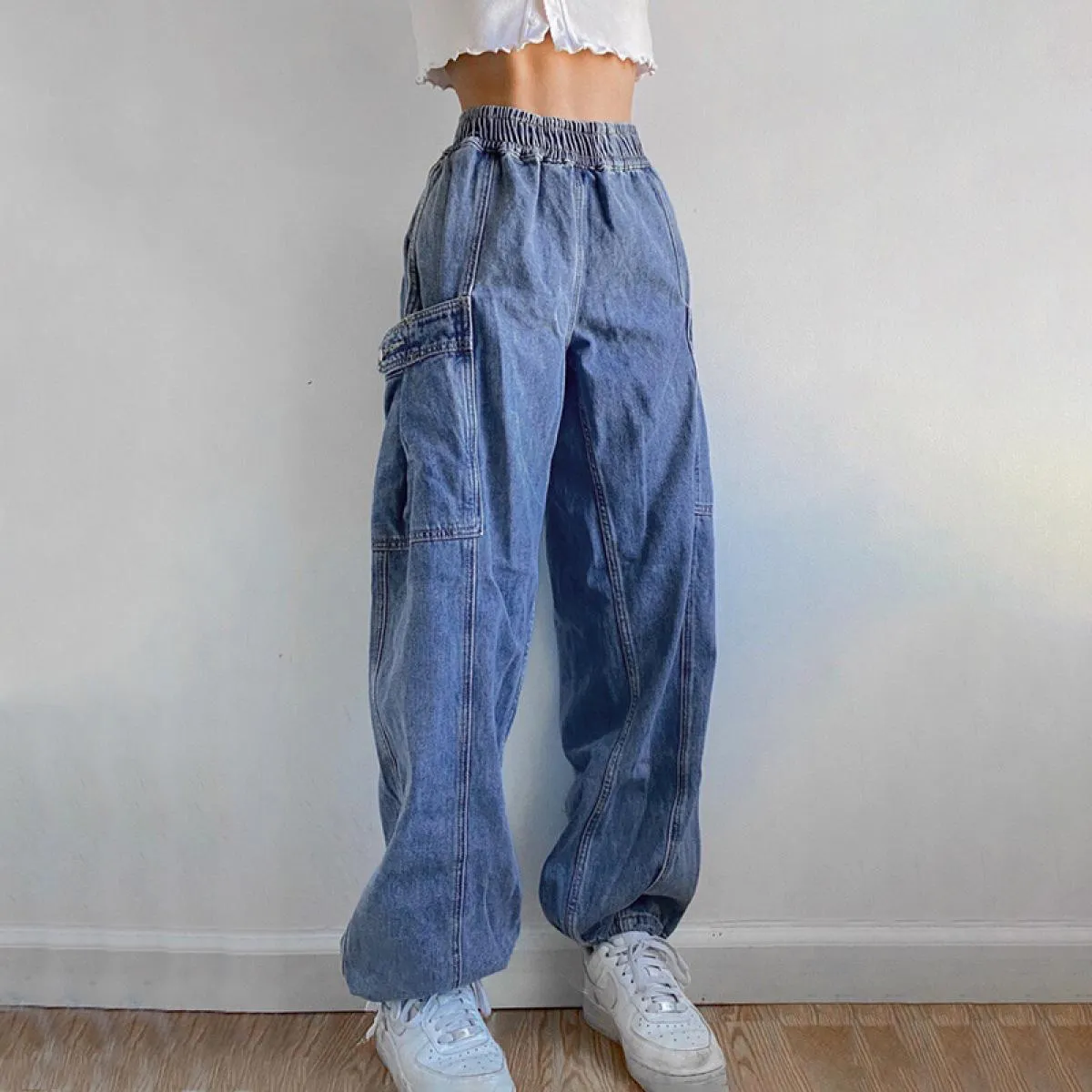 Pantaloni cargo alla moda 2022 Ins Street Jeans da lavoro vintage solidi Vita elastica Jeans a gamba dritta Abbigliamento da lav