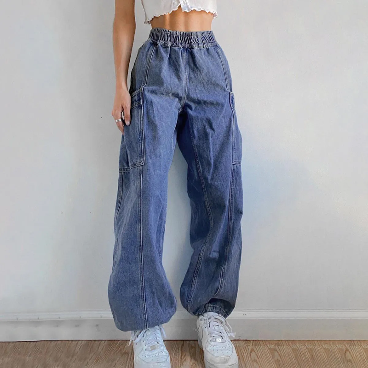 Pantaloni cargo alla moda 2022 Ins Street Jeans da lavoro vintage solidi Vita elastica Jeans a gamba dritta Abbigliamento da lav